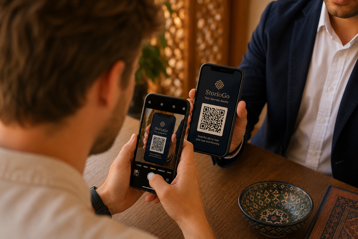 Tourist scanning a QR card